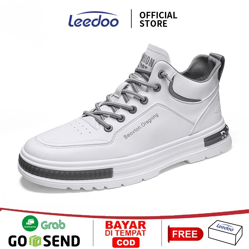 RD34G Leedoo Sepatu Kulit Pria Original Kekinian Sneakers Casual Tinggi Kerja Kuliah Sepatu Putih MC