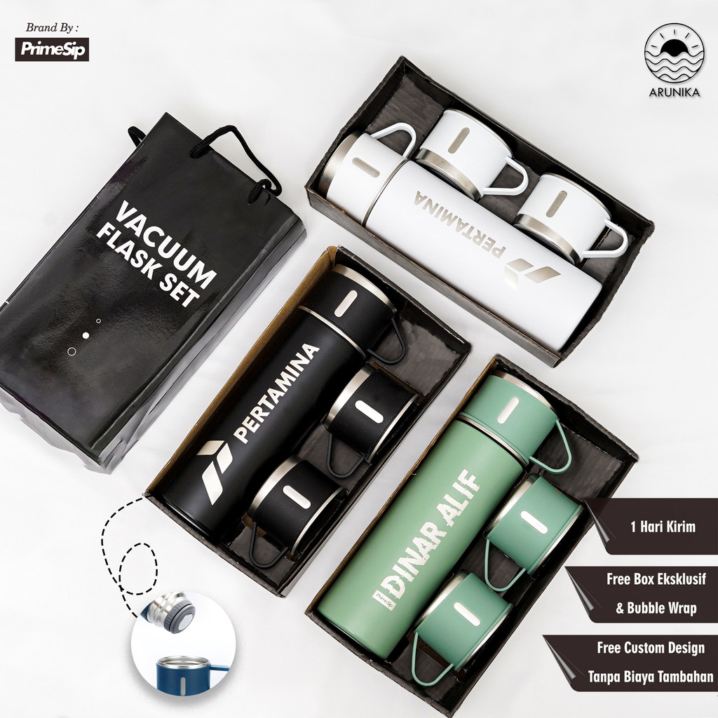 

Termos Sultan Custom Vacuum Flask Set Botol Minum Cangkir 3 in 1 Grafir Nama / Logo Hampers Kado