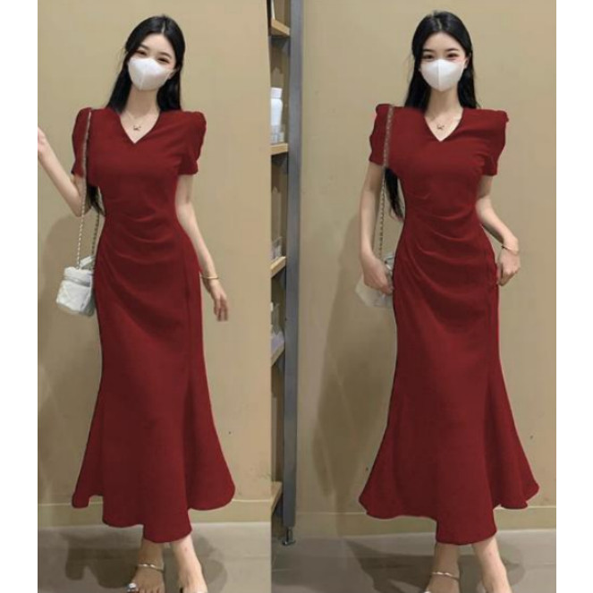 EMITA BLOOM long dress merah lengan pendek wanita kekinian korean style v neck dress kondangan simpl