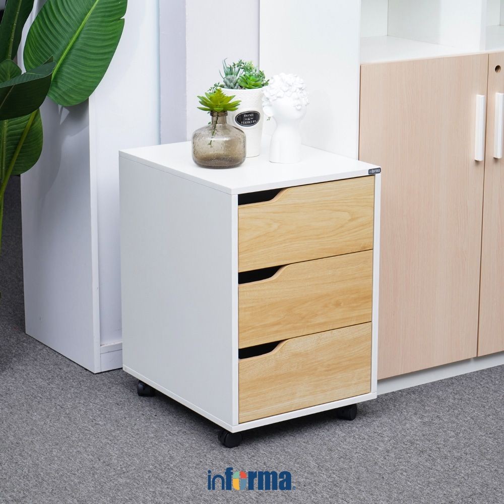 Informa Lennon Laci Kantor 3 Tingkat - Putih / Cokelat Oak Laci Kabinet Dokumen Arsip Serbaguna Cabi