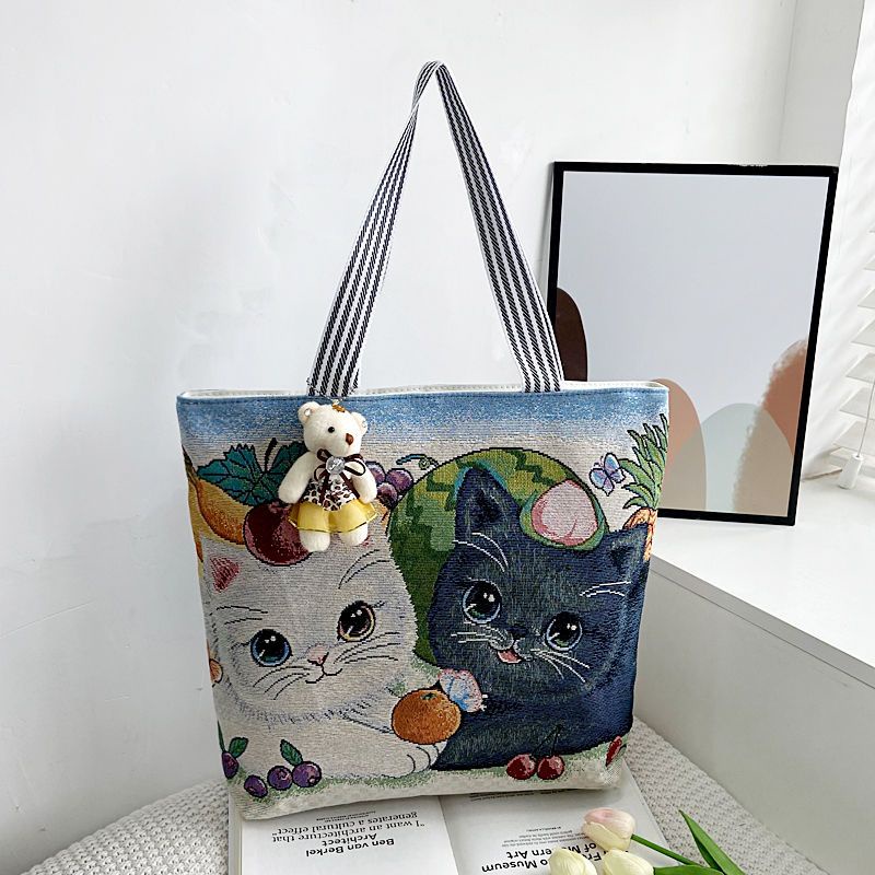 import Tas Tangan Lebar Ritsleting dengan Pola Dua Sisi Kanvas Linen Tas Tangan Satu Bahu Kapasitas 
