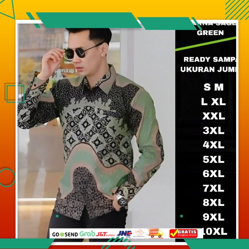 BAJU BATIK PRIA KEREN MODEL BARU /KEMEJA BATIK PRIA LENGAN PANJANG BATIK MODERN MOTIF SAGE GREEN SIZ