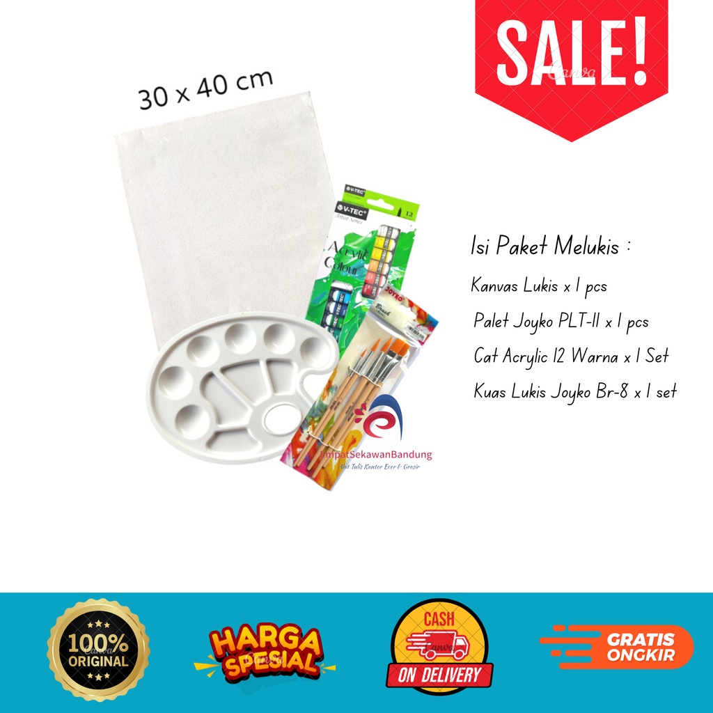 

Paket Melukis Lengkap Set 4 in 1Jumbo Set Kanvas 30x40 Kuas Palet dan Cat Acrylic - Set -SHABQ