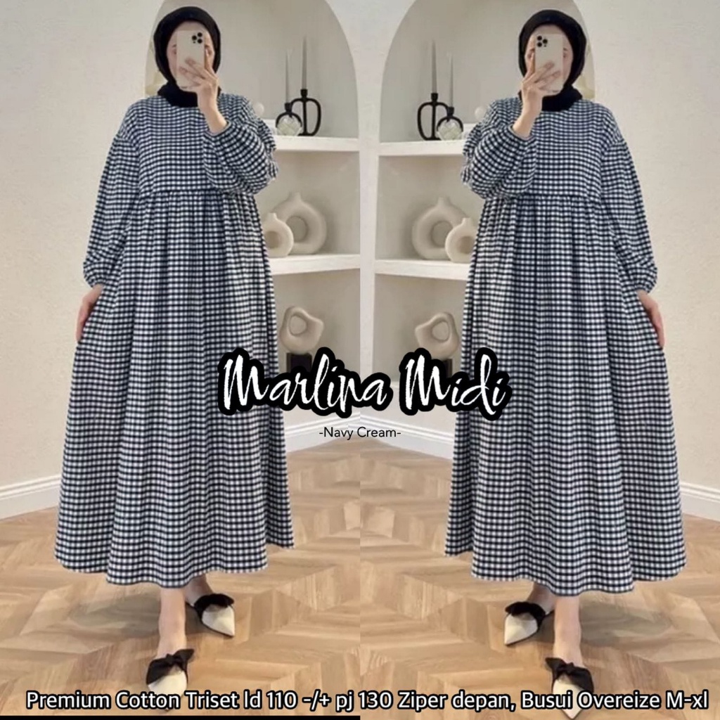 Midi Dress Kotak Kotak Premium Cotton Triset LD 110 Marlina Midi Hannani.id Grosir Fashion Wanita Mu