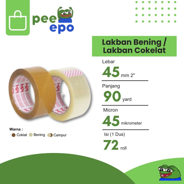 

Lakban Bening / Cokelat 45 mm x 90 Yard Merk MPI 1 Dus isi 72 Roll