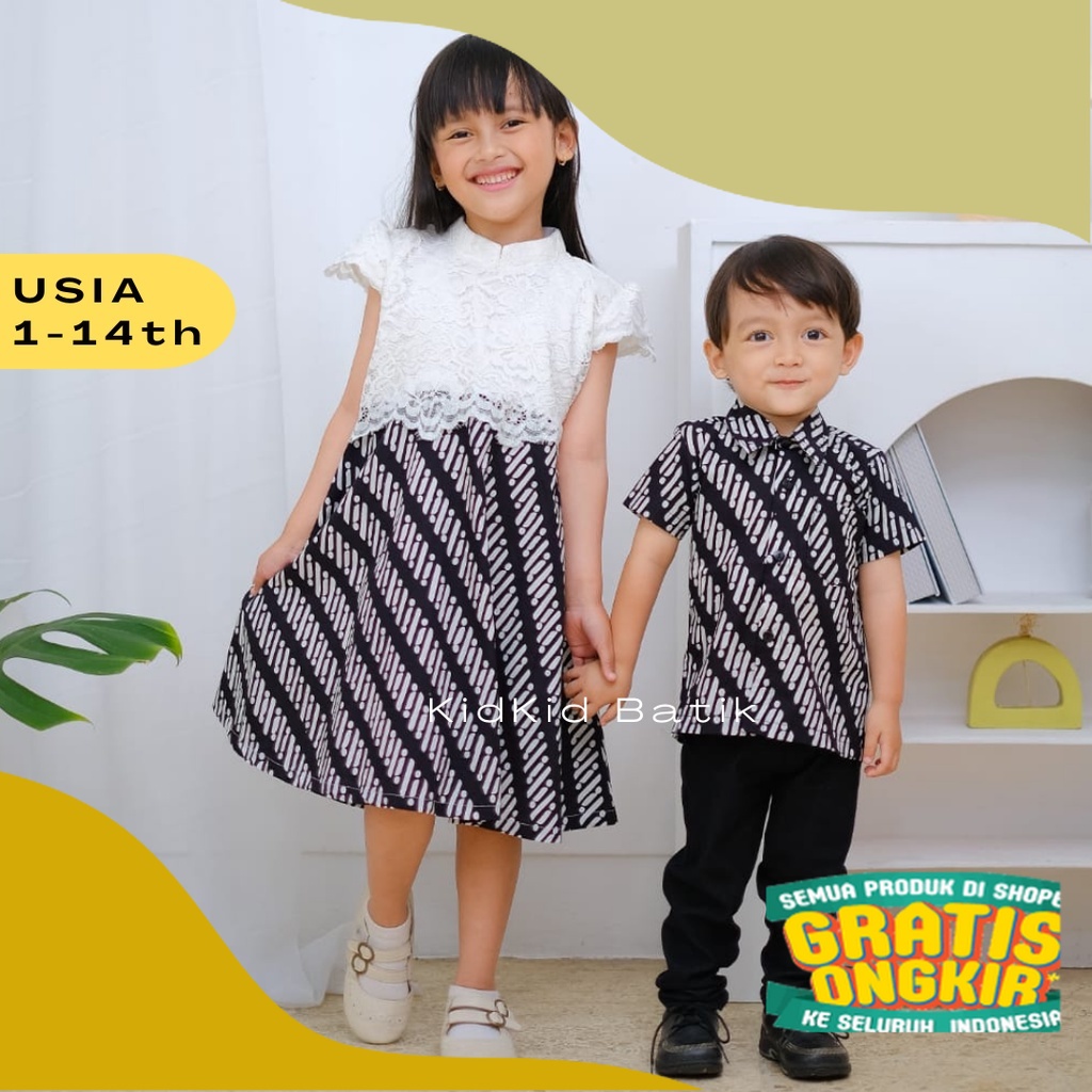 Baju Batik Anak Couple Kakak Adik Cowok Cewek Laki Perempuan Kemeja Dress Brokat Sarimbit Pesta Komb
