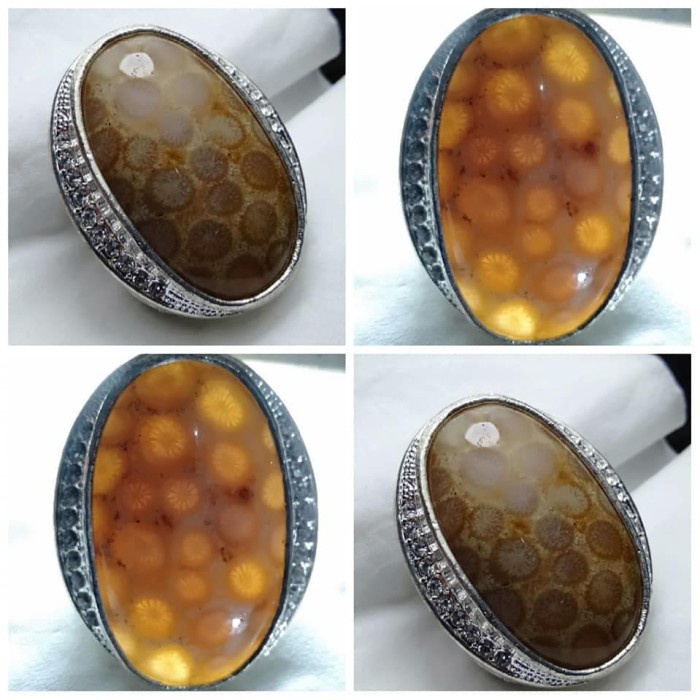 Cincin Batu Akik Motif Gambar Bunga Teratai Tawon Antik 9