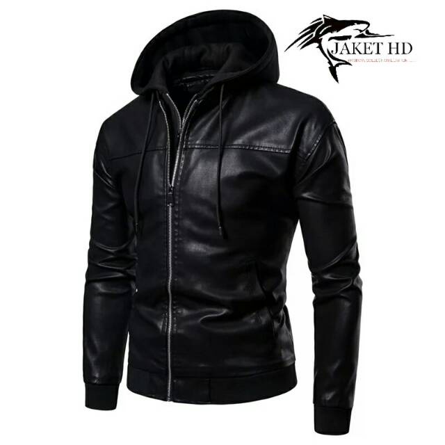Jaket Pria hoodie leather black