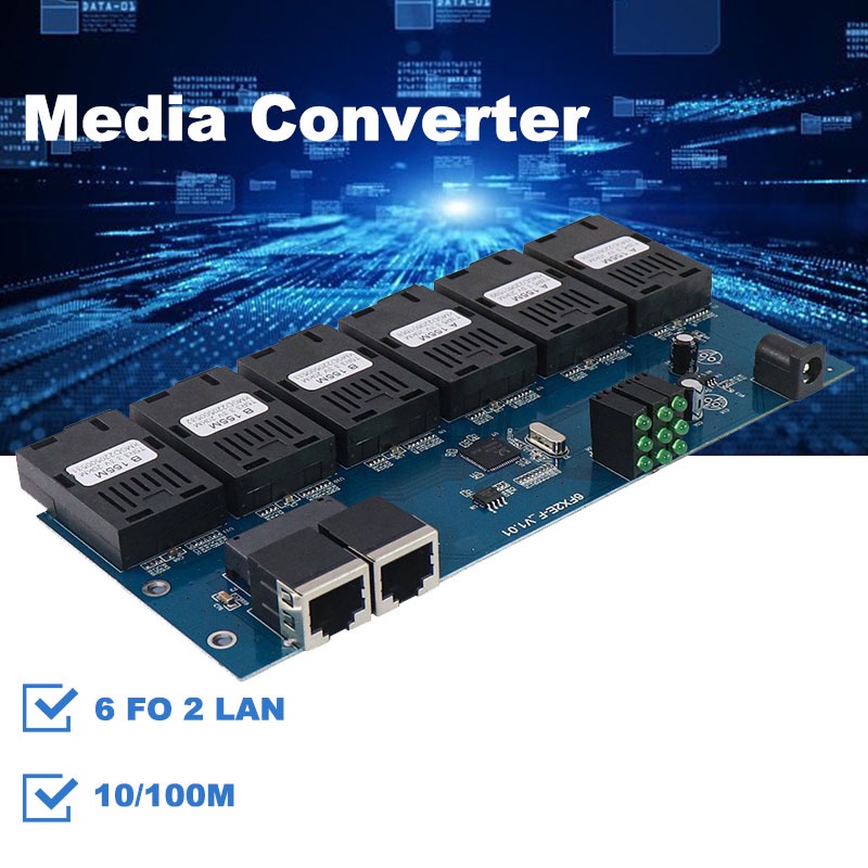 Media Converter 6 Port FO 2 Port LAN 100M Switch Fiber Optic 100 Mbps PCBA