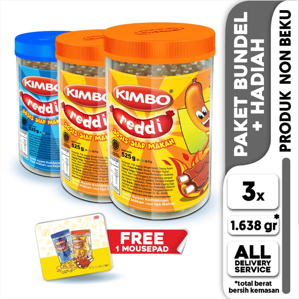 KIMBO Reddi Sosis Ayam Rasa Iga Bakar Toples 2x & Keju Mania + FREE Mousepad