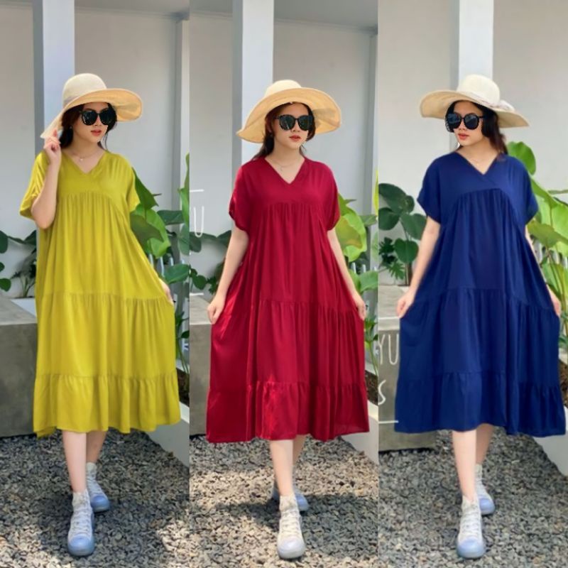 Masayu Home Dress Rayon Premium / Daster Polos Jumbo / Dres Midi Wanita Viral / Dress Rempel Wanita 