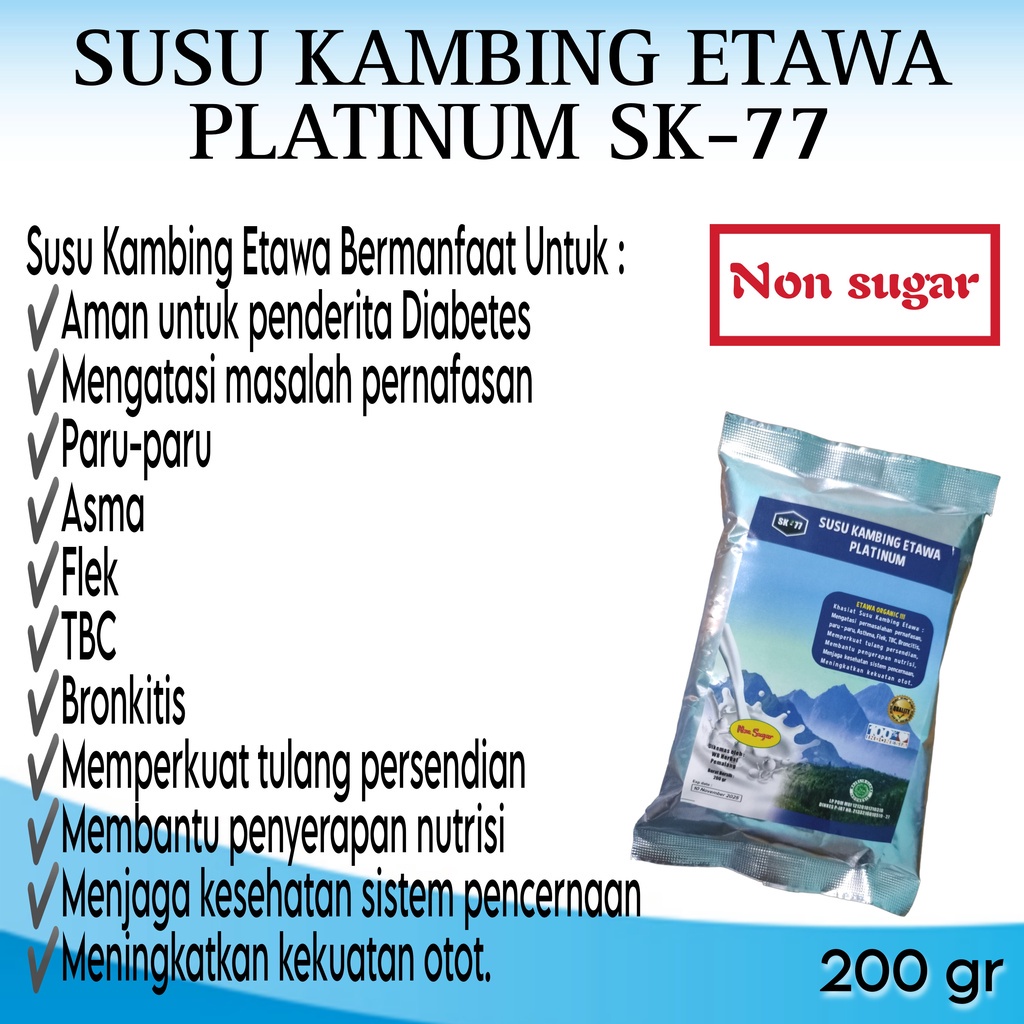 

SUSU KAMBING ETAWA SK77 NON SUGAR 200GR AMAN UNTUK DIABETES
