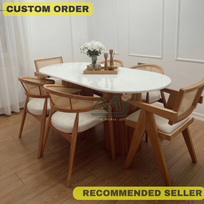 Meja Makan Marmer Cream Minimalis Oval 6 Kursi