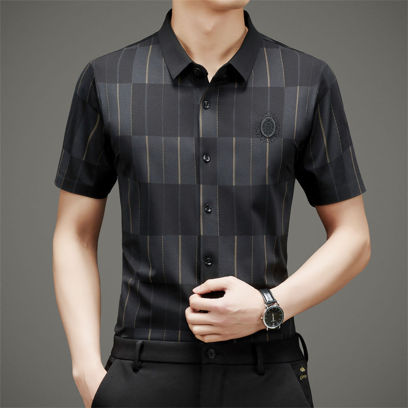 Fanzi Men's Short sleeved Shirt New Square Plaid Ice Silk Square Neck Business No iron, wrinkle resi