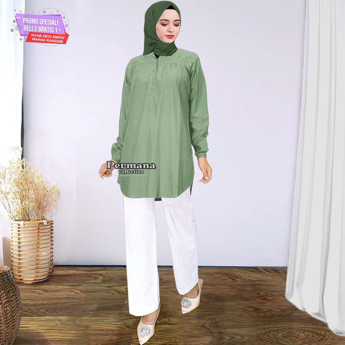 ✨SKY.LD✨ - TERBARU Kemeja Jumbo Fashion Muslim Lengan Panjang Baju Atasan Blouse Wanita - Sage Green