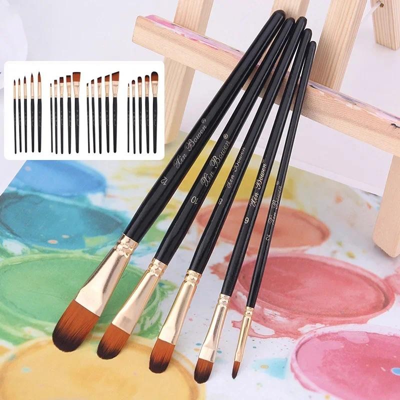 

5Pcs Artist Paint Brush Set Nylon Hair Wood Black Handle Watercolor Acrylic Oil Brush Painting Art Supplies