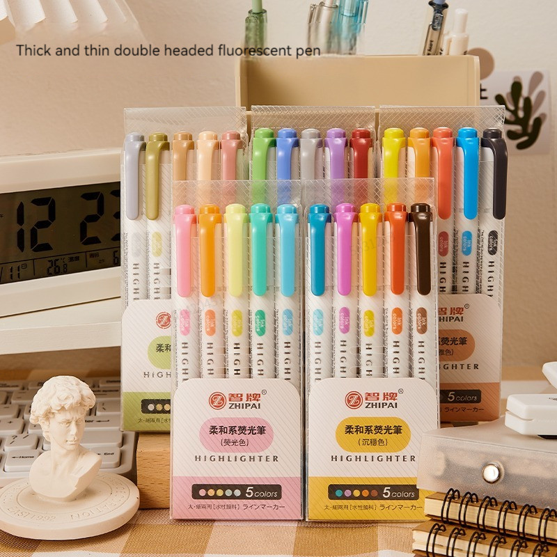 

5 Colors Double Headed Highlighter Pen Set Fluorescent Drawing Markers Highlighters Pens Art Japanese Cute Pastel Stationery