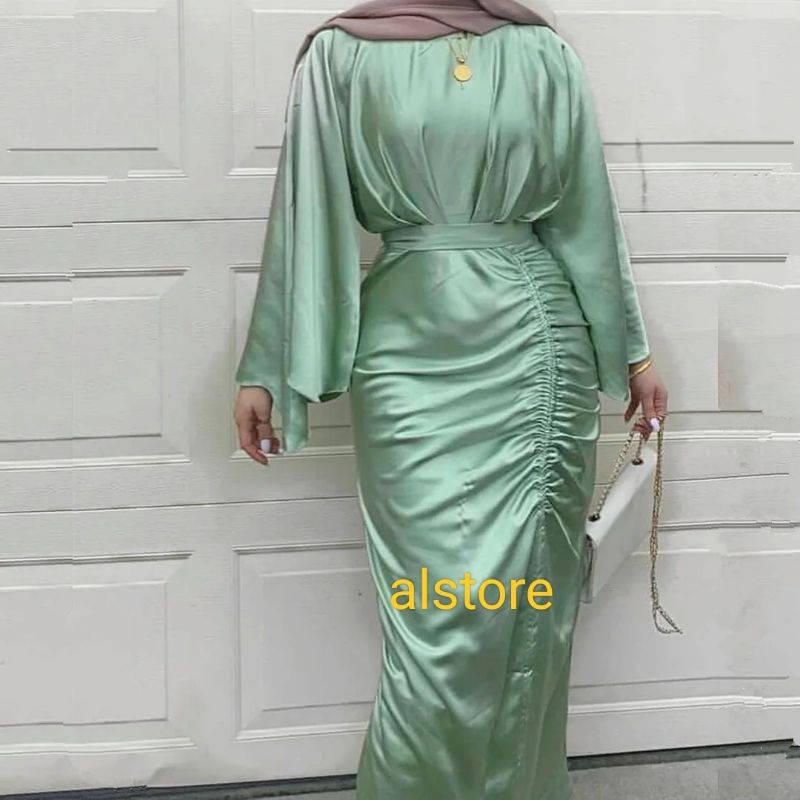 [ monalisa] gamis lebaran rok serut / dress kondangan abg bahan satin / gamis model terbaru