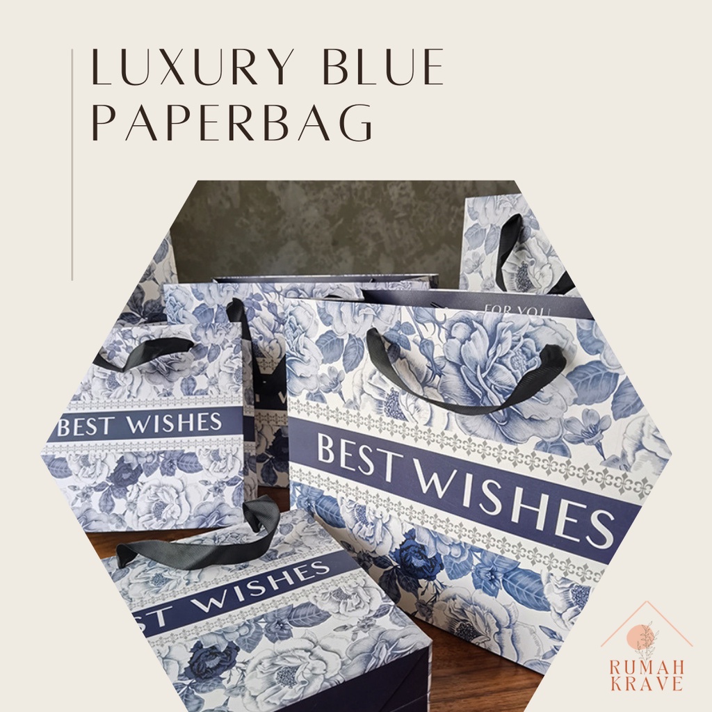 

RUMAH KRAVE - Luxury Blue Paperbag 30cm Tas Kado Hadiah Biru Bunga