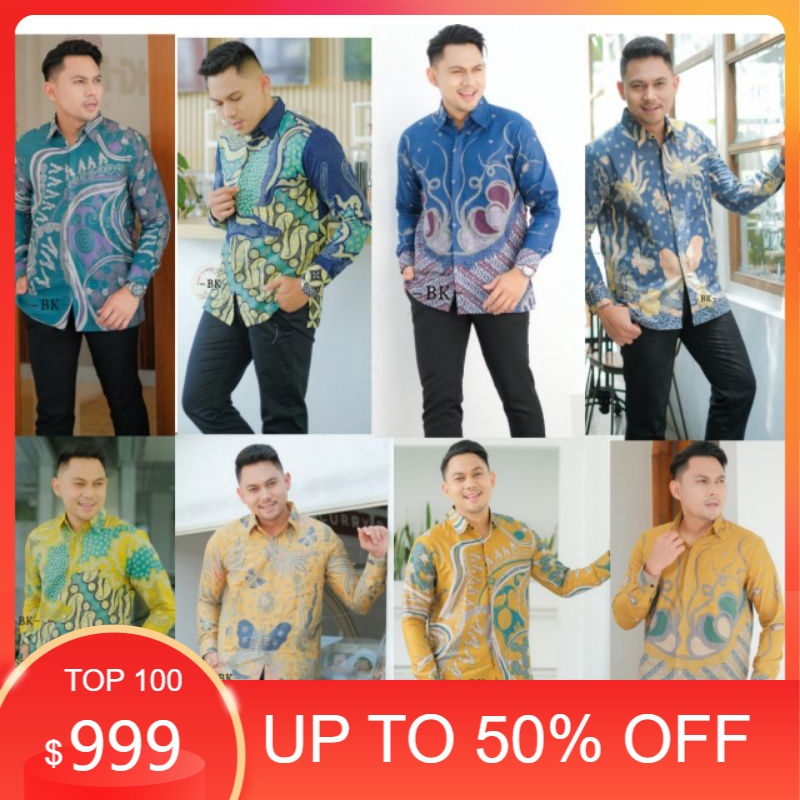 Kemeja Batik Pria Premium Lengan Panjang Soft Kuning Lemon Lime Mustard Biru Navy Denim Toska Hijau 