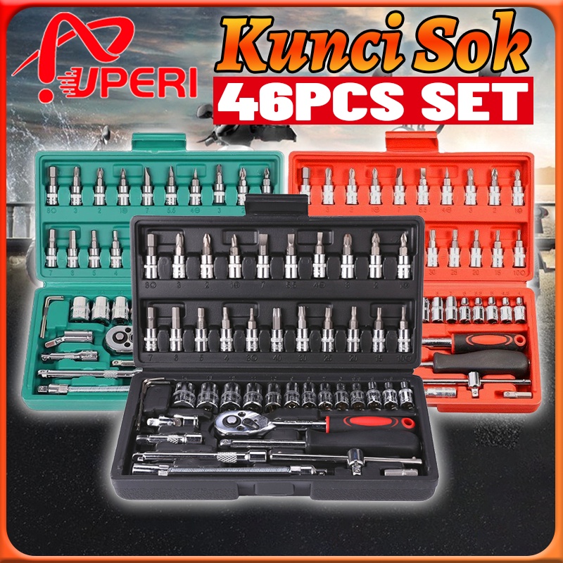 DE44F Set Kunci Socket 46 PCS full Set (1/4 ") Pas Ring L Motor Kunci/kunci l set tekiro lengkap/kunci ring pas 1 set lengkap