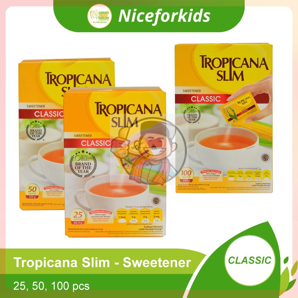 

Tropicana Slim Sweetener Classic Kemasan Box isi 25pcs, 50pcs, 100pcs @ sachet 2.5 gr