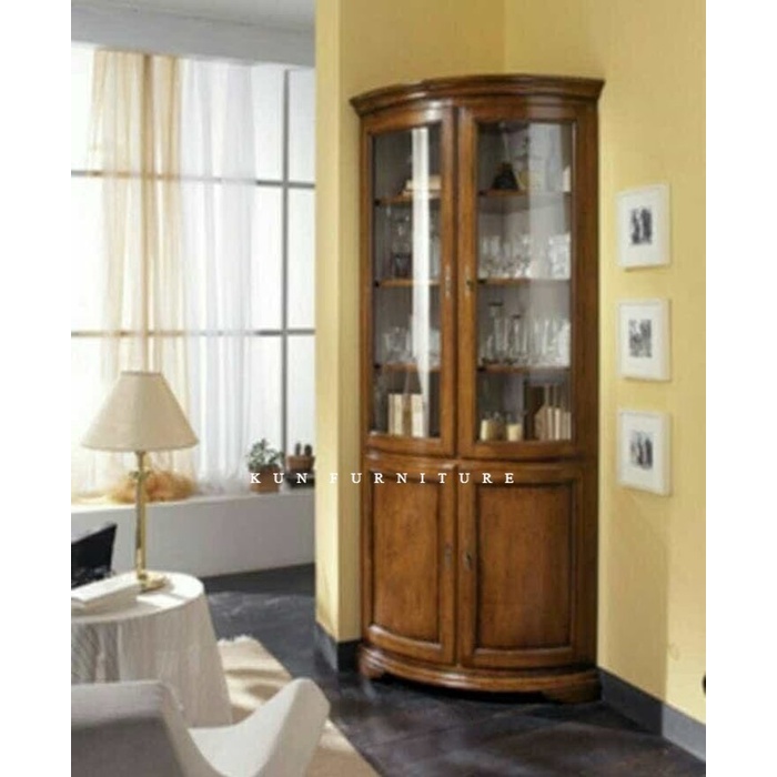 lemari hias sudut pajangan jati - lemari pojok lengkung | kun furniture