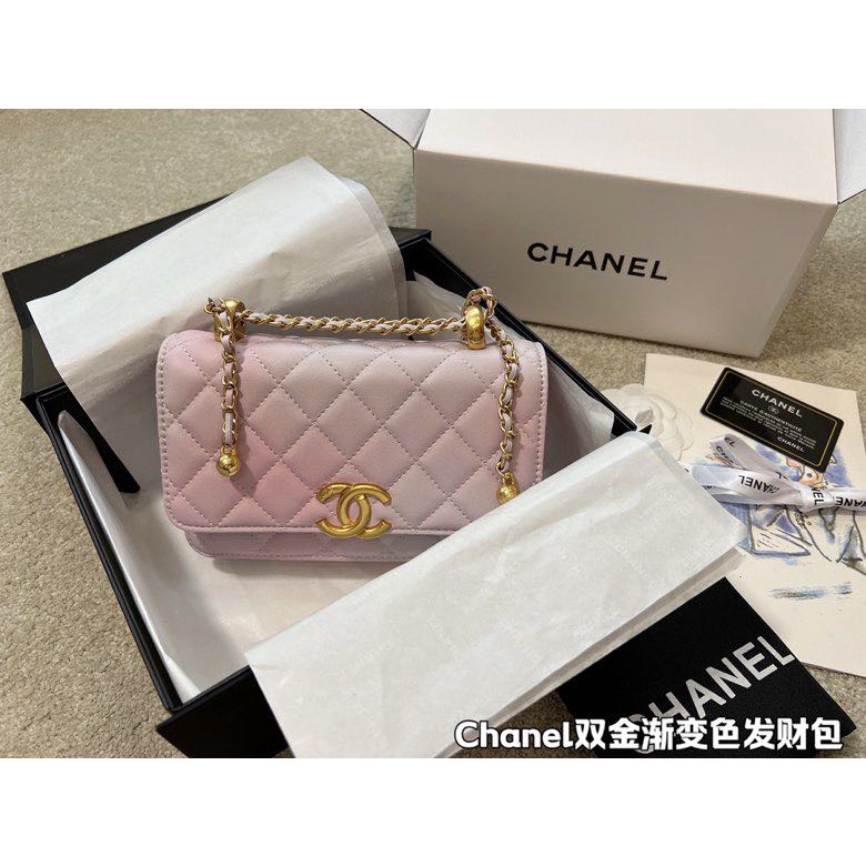 (Original) 2023 New Chanel mini satu bahu bola emas kecil mini gradien tas kulit keberuntungan