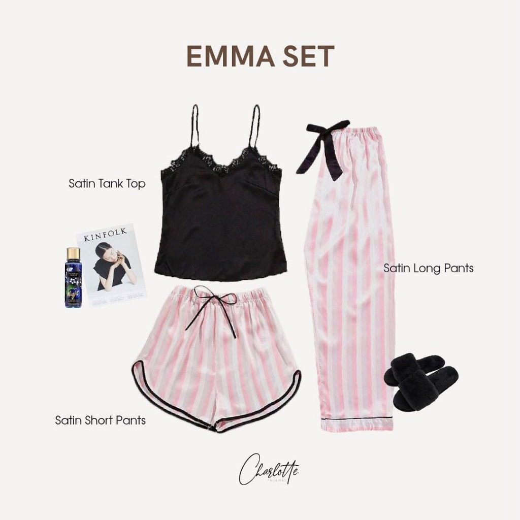 【COD】 CHARLOTTE - Emma set Piyama Baju tidur Tanktop Lingerie Celana Panjang Pendek Satin Silk Salur