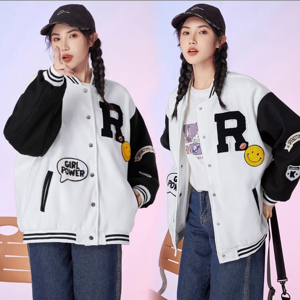 R SMILE JAKET BASEBALL VARSITY  - JAKET VARSITY WANITA OVERSIZE - BASEBALL