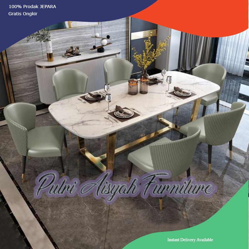 SET MEJA MAKAN 6 KURSI MINIMALIS MARMER KAKI BESI, SET KURSI MAKAN MODERN MARMER 6 KURSI BESI