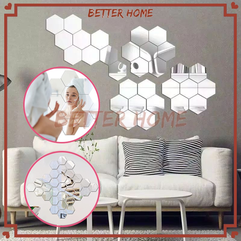 Sticker Kaca Hexagonal Mirror Wall Decoration/Besar Cermin Kaca Hexagonal Mirror Dekorasi Hiasan Din