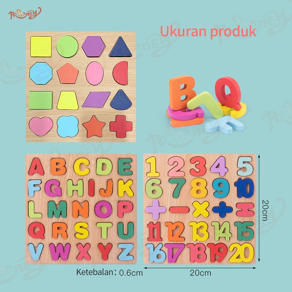 Poney 3PCS Puzzle huruf dan angka Puzzle alphabet Puzzle kayu 3D