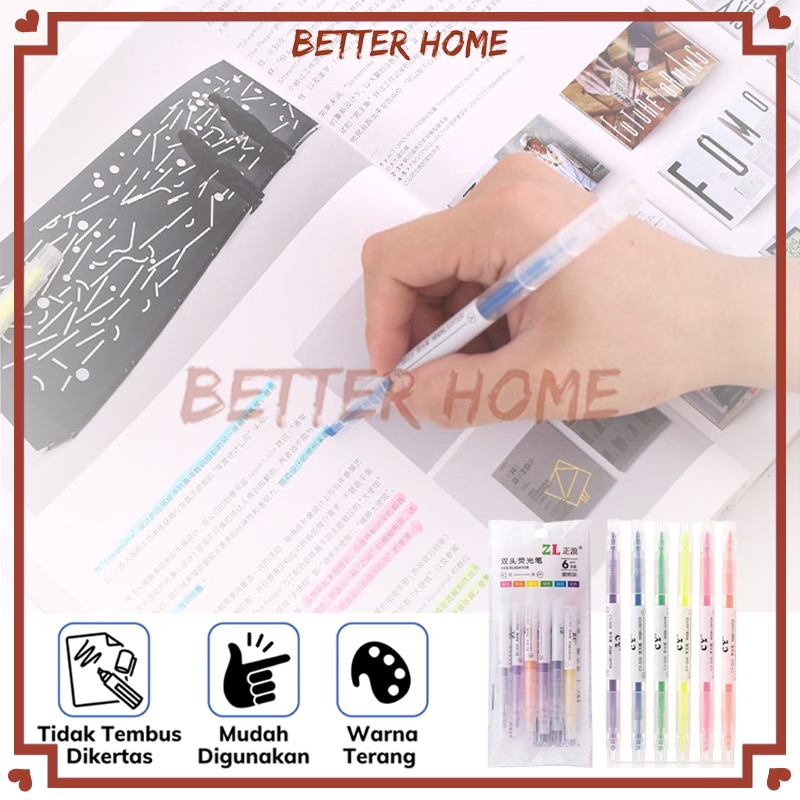 

Highlighter Set Isi 6Pcs/Stabilo Panjang 6 Warna 2 Arah/Stabilo 2 Sisi Highlighter Colorful