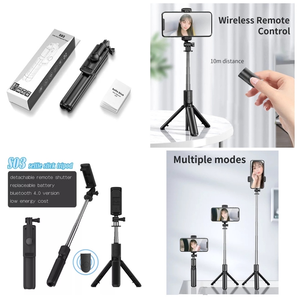 tongsis S03 All in 1 tongsis tripod bluetooth 360 derajat tongsis tripod wireless remote selfie