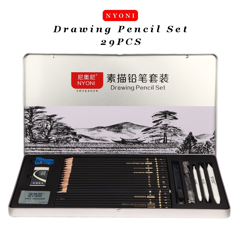 

Nyoni Drawing Pencil Gambar Set 29PCS Drawing Sketch Pencil Set Tin Box Pensil Gambar