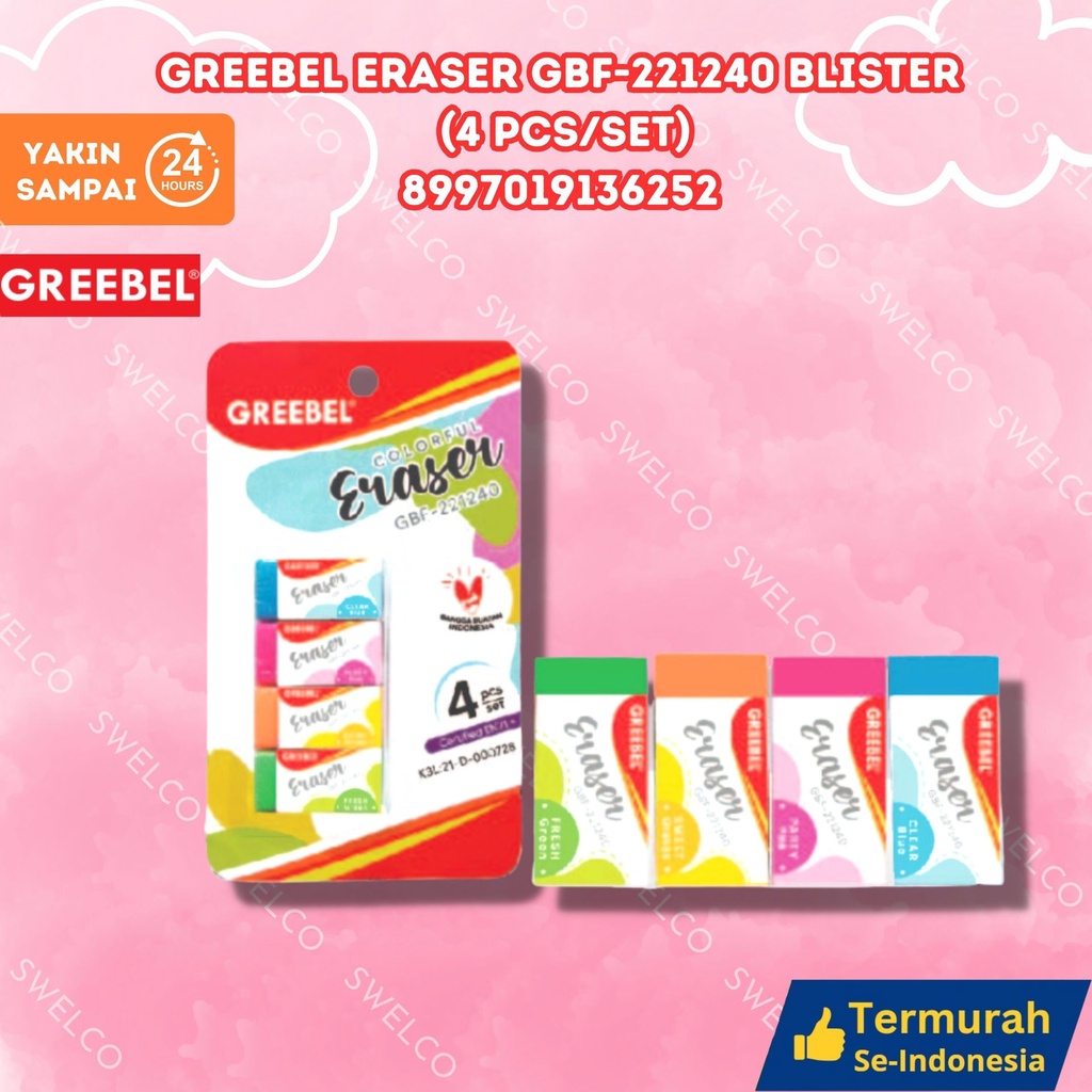 

GREEBEL ERASER GBF-221240 BLISTER (4 PCS/SET)/Penghapus/Setip/hapusan gk berdebu/gk mudah Patah/utk anak GREEBEL ERASER GBF-221240 BLISTER (4 PCS/SET)