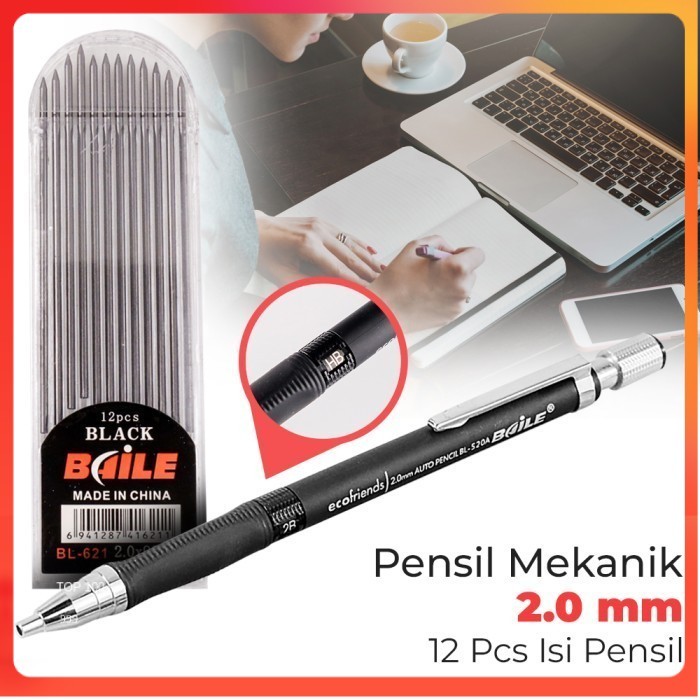 

BAILE Pensil Mekanik Mechanical Pencil 2B 2mm 12 Isi - BL-621 - Black - Black