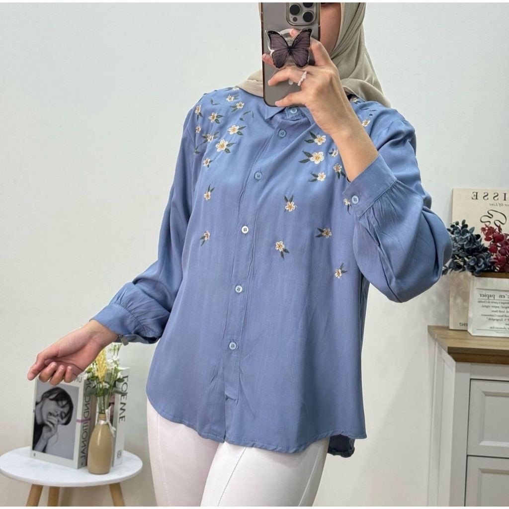 VZ56TR BLOUSE BRIGATA KEMEJA BORDIR BUNGA BASIC WANITA