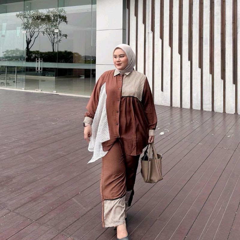 FA10 Nadia One Set LD 120 130 140 CM L-4XL | OneSet JUMBO Big Size Bahan Sakura Silk Kombinasi Cotto