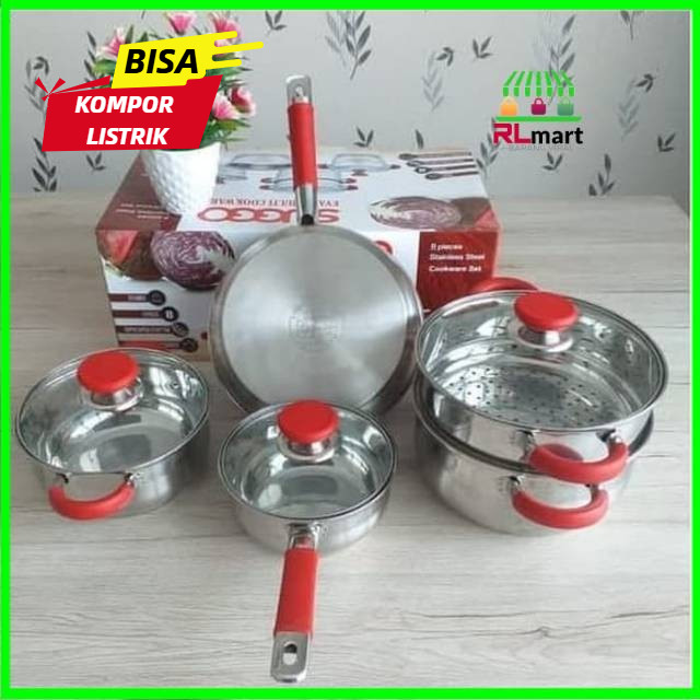 Suggo panci set evans 8pcs handle merah Panci set suggo +steamer stainles steel