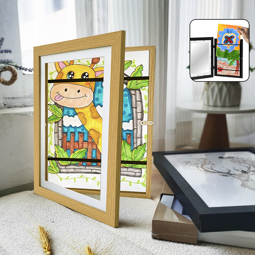 

Wood Flap Art Frames Magnetic A4 Photo Frame Framed Picture DIY Children's Exhibition of Paintings Home Decoration Storage Rack