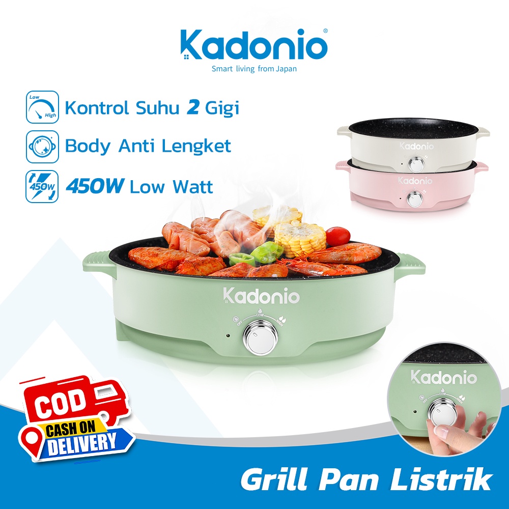 KADONIO Grill Pan Panggangan BBQ Panci Listrik 450W Low Watt Kenop Kontrol Suhu 2 Gigi Kekuatan Api 