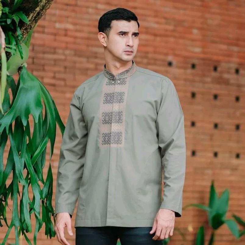 Bastoh Kemeja Kameja Koko Bordir Pria muslim Muslimin Karta Sage green Lengan Panjang baju katun dew
