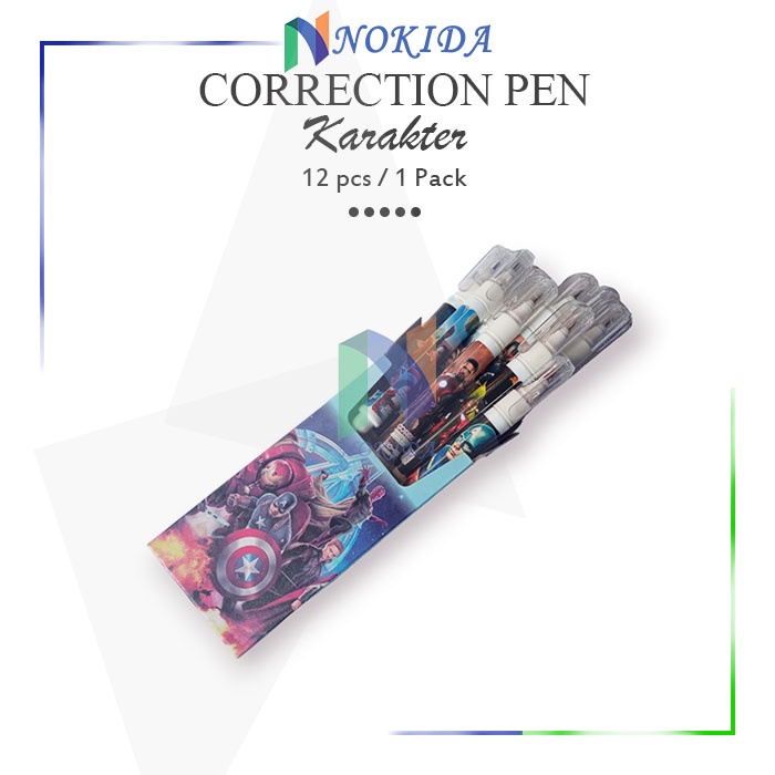 

Nokida Penghapus pulpen Karakter Kartun Super Hero No. 860 / Correction Pen Tipex Tip Ex Tipe X Cair 8 Ml [1 Pack/12 Pcs] / Cairan Koreksi Mini
