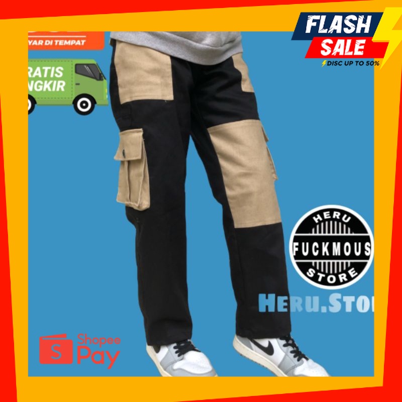 OUTFIT JKT48 | CELANA CARGO TWO TONE  FUCKMOUS APPAREL - Cargo Pants - Cargo Panjang