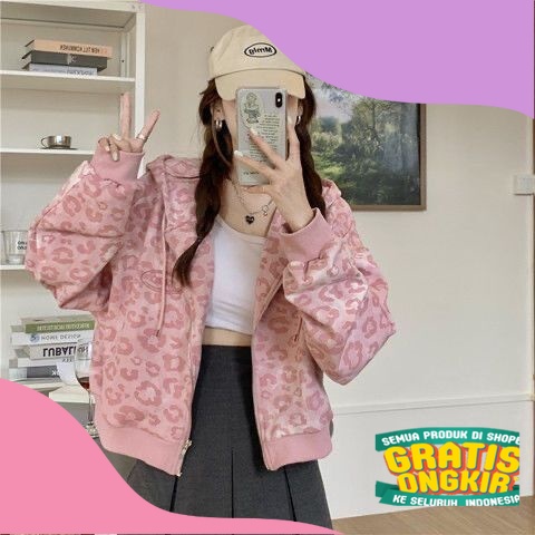 Nico##Retro Longgar Berkerudung Sweater Pink Leopard Print Jaket Pendek Mantel Wanita/ Polkadot komb