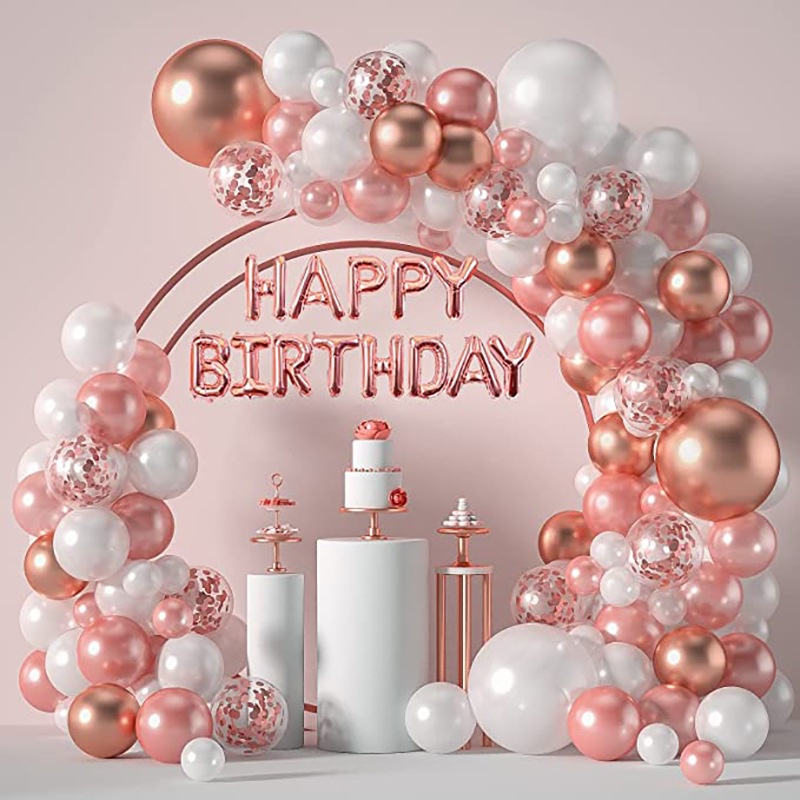 (hocanparty) 123 PC BALON GARLAND ROSE GOLD HAPPY BIRTHDAY BALON LATEX SET DEKORASI PESTA ULANG TAHU