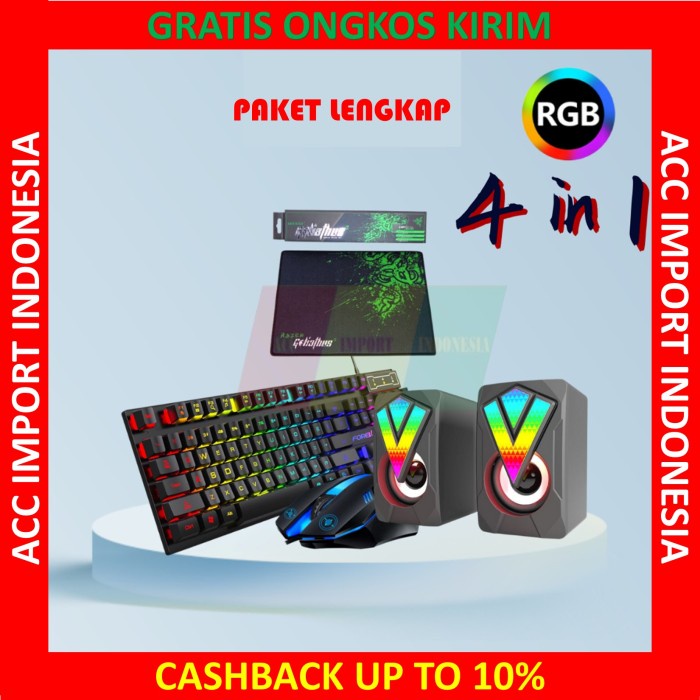 Paket Keyboard Mouse Speaker Mousepad Gaming PC Laptop LED RGB Wired - Putih