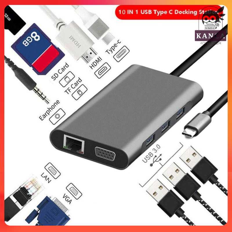 EASYIDEA USB Type C Hub 10 in 1 HDMI VGA USB 3.0 RJ45 Card Reader - VD76